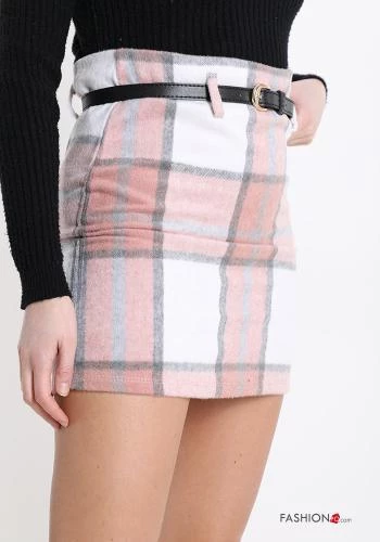  Minifalda de Algodón Estampado tartán con cinturón con cremallera 